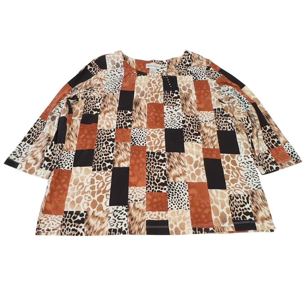 Alfred Dunner Women XL Animal Print Patchwork Studded 3/4 Sleeve Top Brown Black